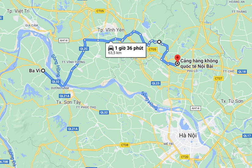 Ba Vì cách sân bay Nội Bài khoảng 63 km