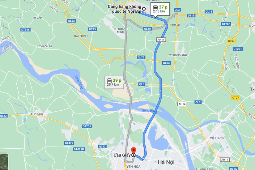 Đi taxi Nội Bài Cầu giấy là 28km 