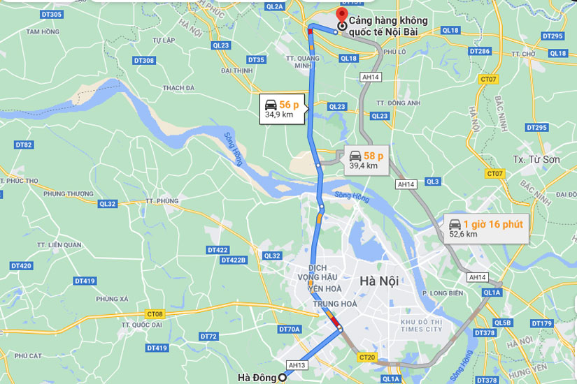 Quận Hà Đông cách sân bay Nội Bài khoảng 35 kilomet.