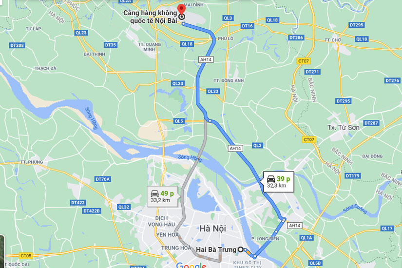 Từ Quận Hai Bà Trưng đi sân bay Nội Bài khoảng 32 kilomet