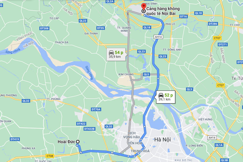 Hoài Đức đi sân bay Nội Bài khoảng 39 kilomet