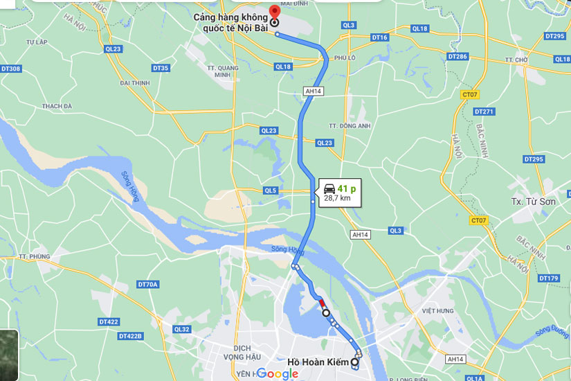 Từ Hoàn Kiếm đi sân bay Nội Bài chỉ 26 kilomet