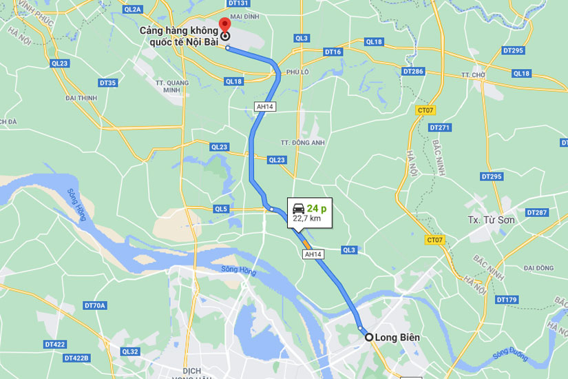 taxi Nội Bài Long Biên khoảng cách 26km đi mất 40 phút