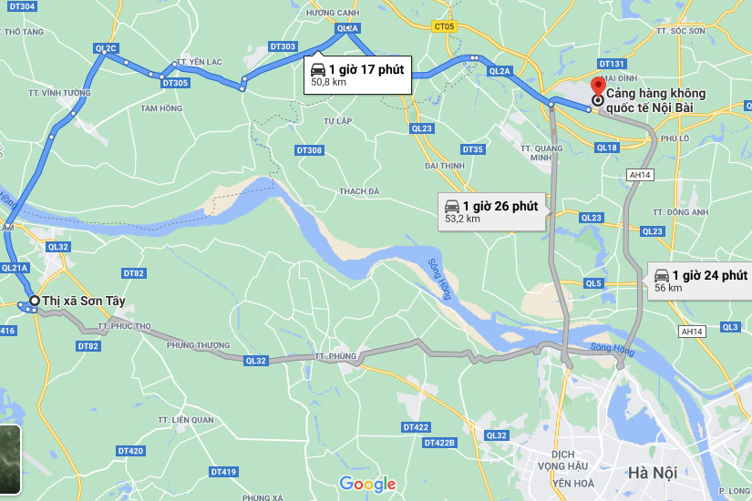 Từ Sơn Tây tới sân bay Nội Bài khoảng 51 km