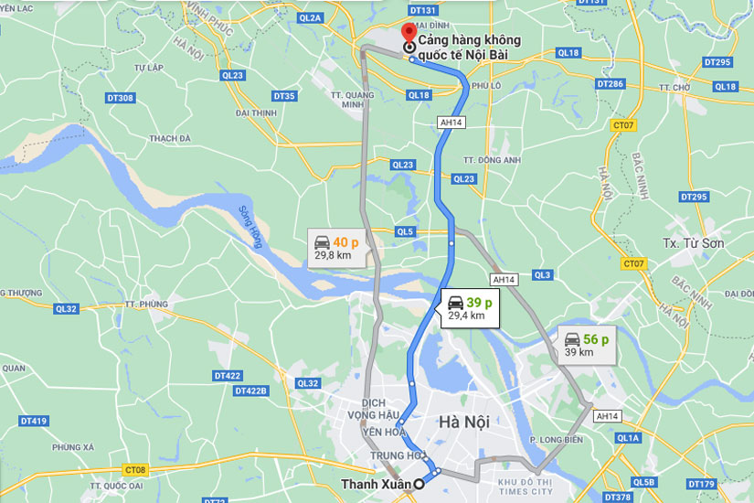 Từ quận Thanh Xuân đến sân bay Nội Bài khoảng 30km