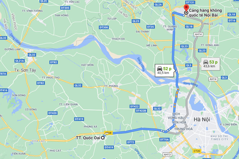 Từ Quốc Oai đi sân bay Nội Bài khoảng hơn 40 kilomet
