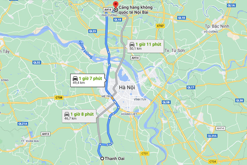 Từ Thanh Oai đi sân bay Nội Bài khoảng 50 kilomet
