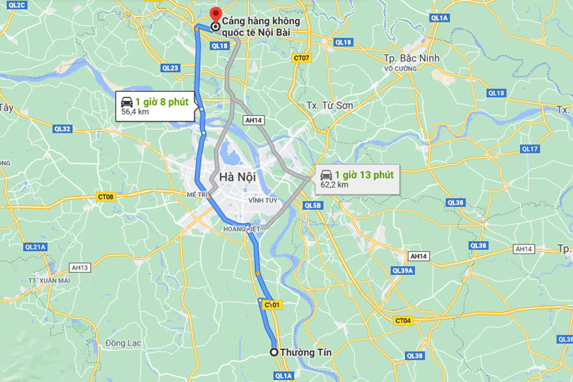 Từ Thường Tín đi sân bay Nội Bài khoảng 57 kilomet